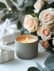 A minimalist flatlay photograph on a white curved surface. In the center, there is a light pink scented candle in a matte silver metal container with a white wax top