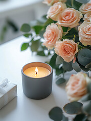 A minimalist flatlay photograph on a white curved surface. In the center, there is a light pink scented candle in a matte silver metal container with a white wax top
