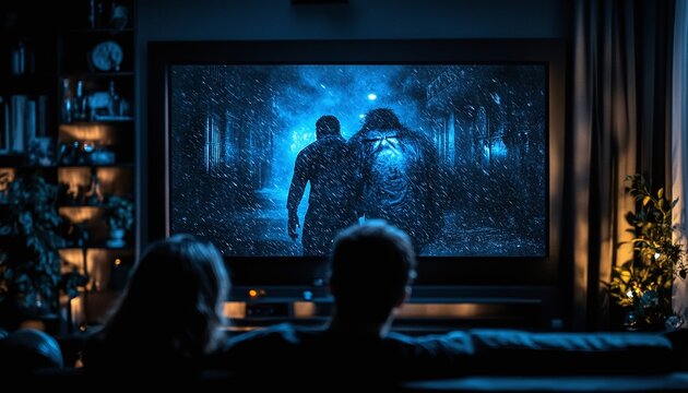 Couple Watching a Film at Night, Frozen in Fear - Powered by Adobe