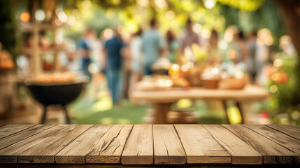 Empty Wooden Table Against Blurred People at Barbecue Summer Party Outdoors