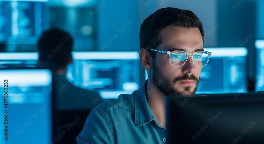 Poster focused man working on computer in a technology control room
