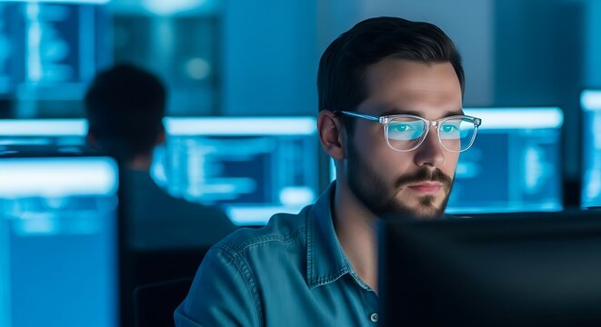Focused man working on computer in a technology control room