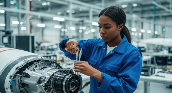 Woman specialist using tools to fit aerospace equipment in advanced production facility