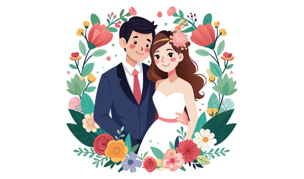 A beautiful vector cartoon illustration of a romantic couple's wedding celebration, showing the bride in her dress and groom sharing their love and happiness