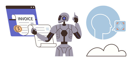 AI robot processing invoice, speech recognition interface, and cloud computing service. Ideal for automation, finance, AI technology, voice recognition, cloud solutions, innovation and digital