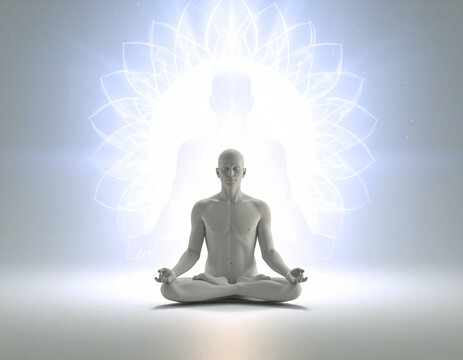 A pristine white humanoid figure in a lotus pose, emanating a bright, glowing lotus flower aura from behind against a soft, gradient white background, symbolizing purity and spiritual illumination.