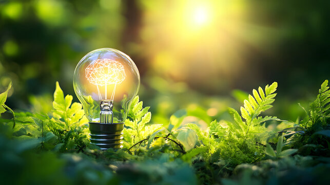A lightbulb with a brain inside, sitting in green foliage. Concept of nature and intelligence.