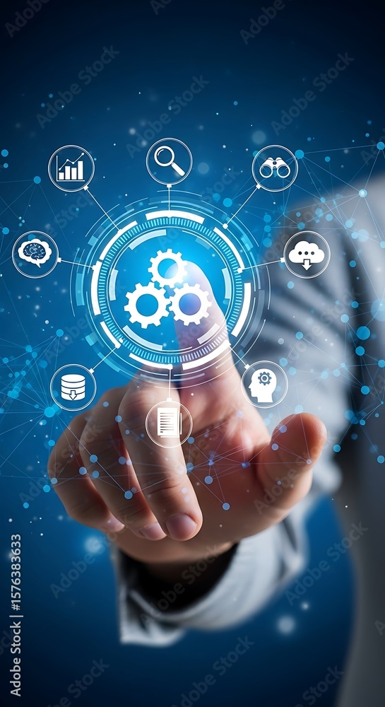 Poster hand touching digital interface illustrating technology and data analysis