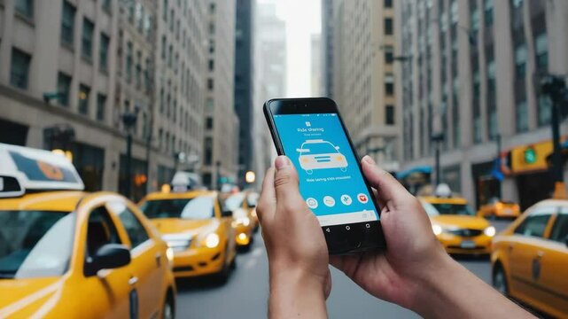 Ordering a taxi in the city with a taxi app.
