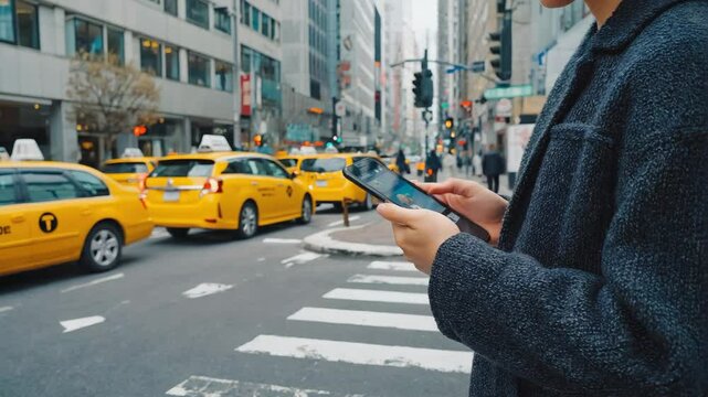 Ordering a taxi in the city with a taxi app.
