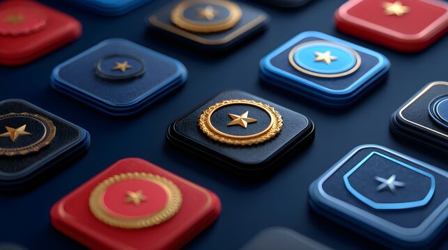 Colorful Collection of Military Badges and Emblems with Stars and Geometric Shapes