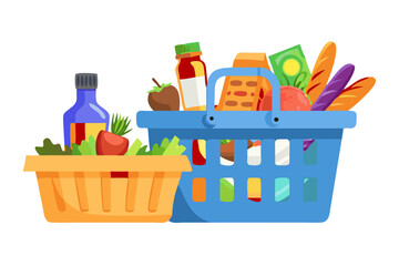 Colorful illustration of a grocery basket overflowing with fresh food items