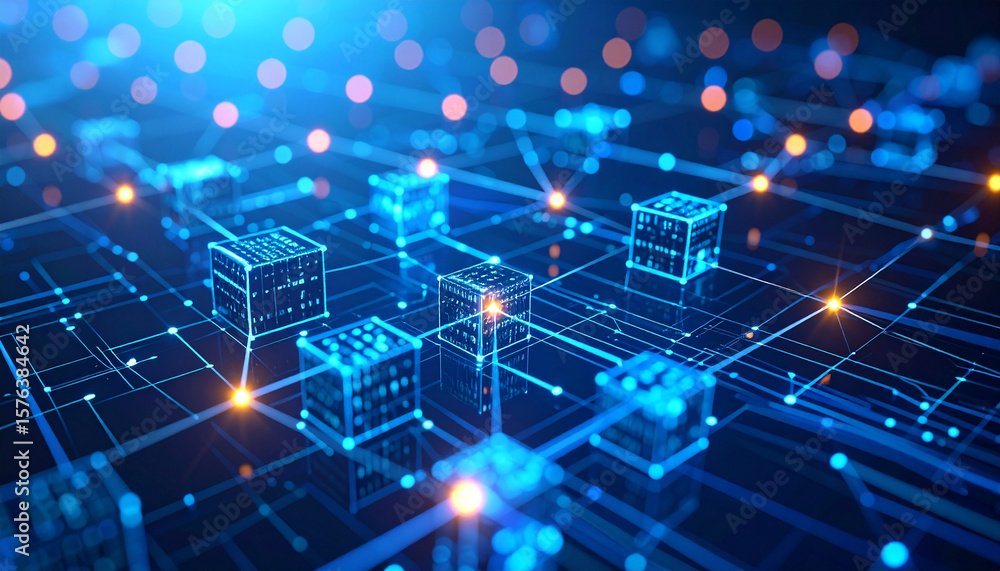 Aufkleber network of digital data: the intricate network pulses with vibrant blue light, interconnected, symbo