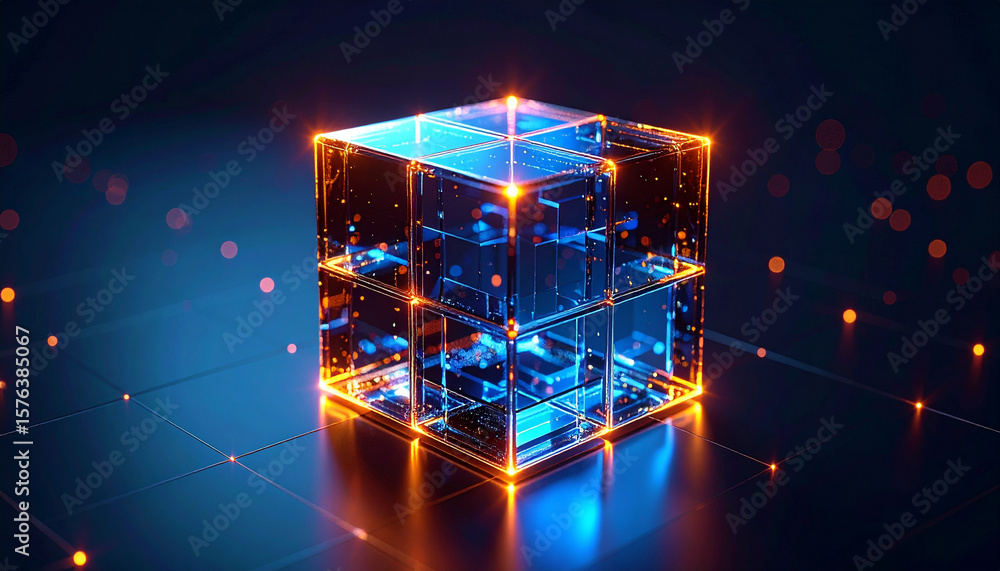 Poster cybernetic cube of innovation: an awe-inspiring digital rendering of a futuristic transparent cube, 
