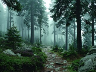 Obraz premium Misty Forest Path with Stones and Greenery