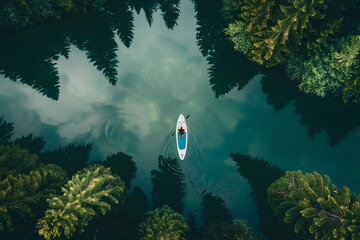 paddleboarder on clear lake, drone view, forest, symmetry