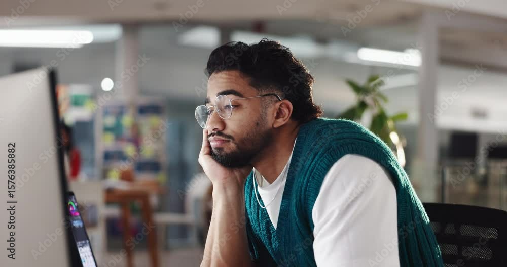 Poster stress, tired and computer with business man in office for web design solution, research or brain fo