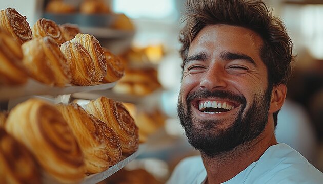 Happy Baker in a Bakery Surrounded by Baked Goods