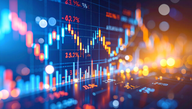 Financial Trend Analysis: A close-up perspective of a sophisticated digital display, charting intricate financial data patterns with a stunning light arrangement.