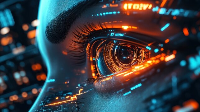 Close-up cybernetic eye, glowing tech