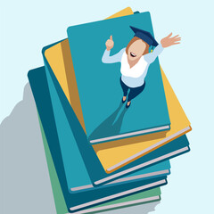 Graduation, personal growth, education, and achievement. Girl is giving a thumbs-up expressing joy or success standing on a stack of large colorful books. Vector illustration.