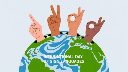 International day of sign languages celebrated with diverse hands emerging from planet earth