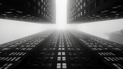 Fototapeta premium A modern high-rise glass building reflecting the warm colors of sunset, with clean lines, minimalist architecture, and a dramatic sky in the background, symbolizing innovation and urban elegance..