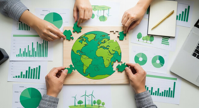 Team assembling a green earth puzzle surrounded by financial charts and graphs