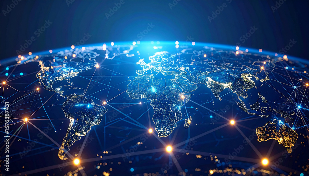 Poster global connectivity: illuminated digital network, showcasing interconnectedness, representing worldw