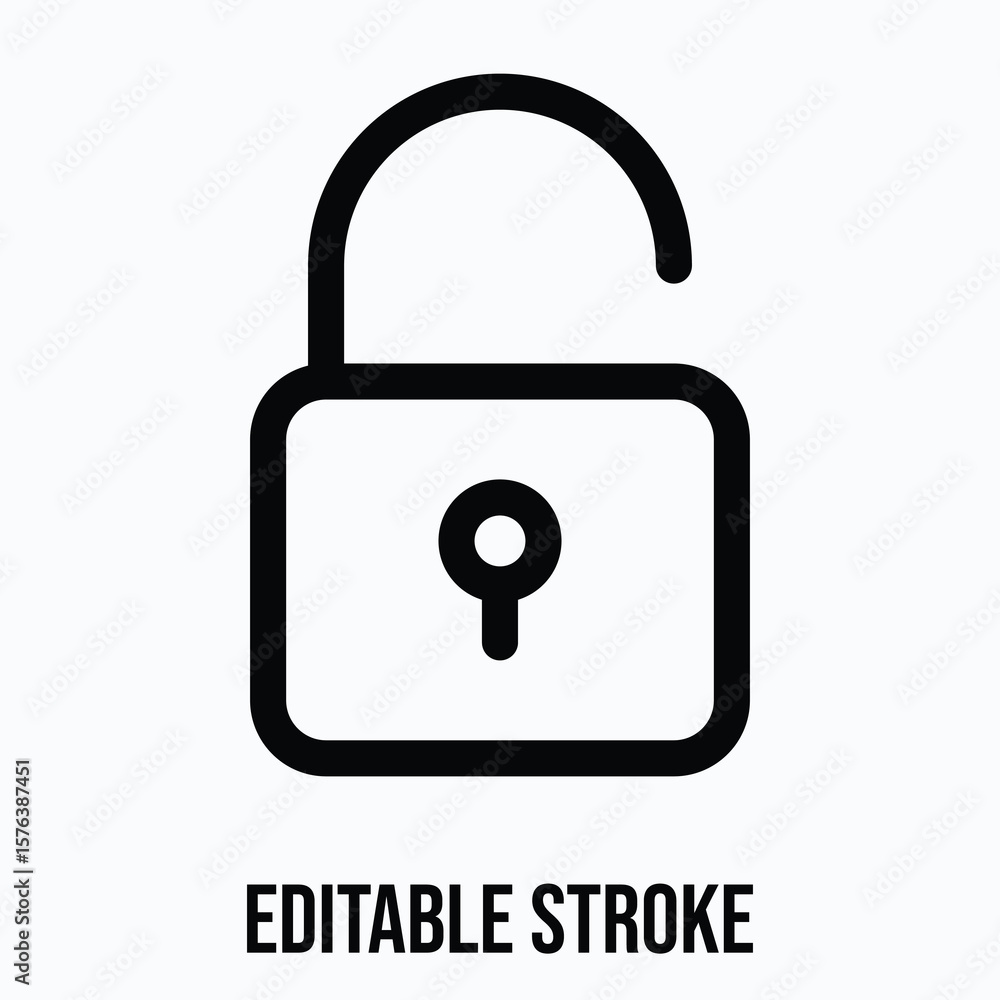 Poster unlock padlock lineal icon for user interface, isolated vector editable stroke icon.
