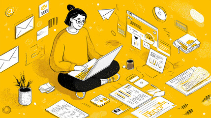 Digital marketer using email marketing tools on laptop and smartphone, sending newsletters and analyzing campaign performance to engage subscribers and grow business through personalized content