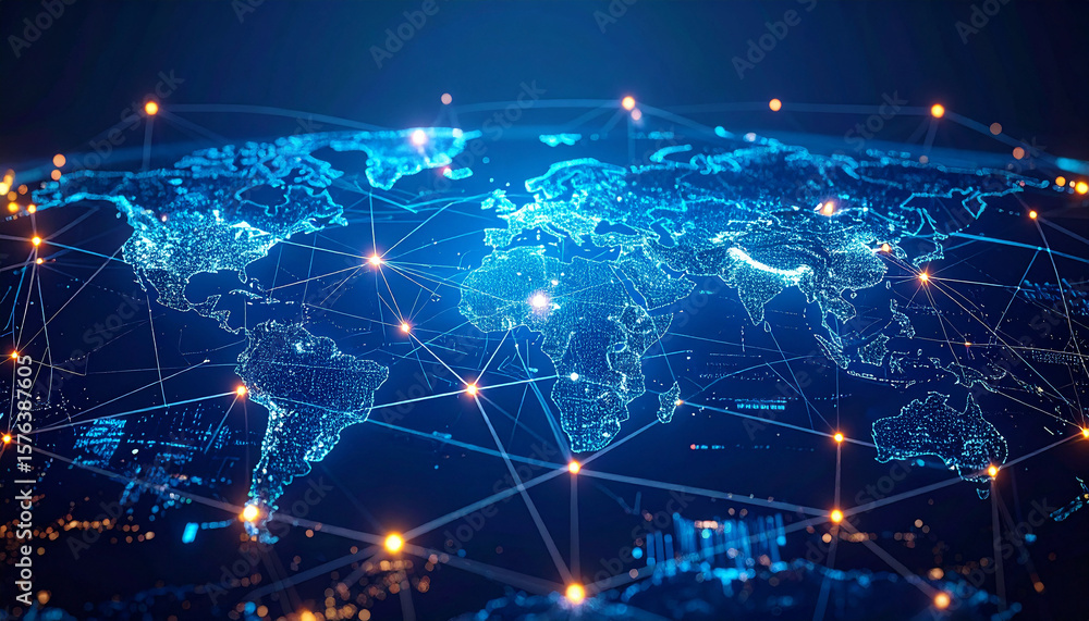Poster digital world connections: a luminous representation of the globe, interconnected by a network of lu