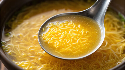Noodle soup broth with ladle holding thin noodles in warm egg drop soup creating comforting and delicious meal experience