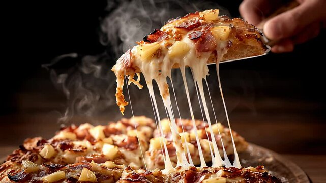 Hot, cheesy pizza with pineapple chunks being lifted from a wooden board, steam rising and melted cheese stretching.