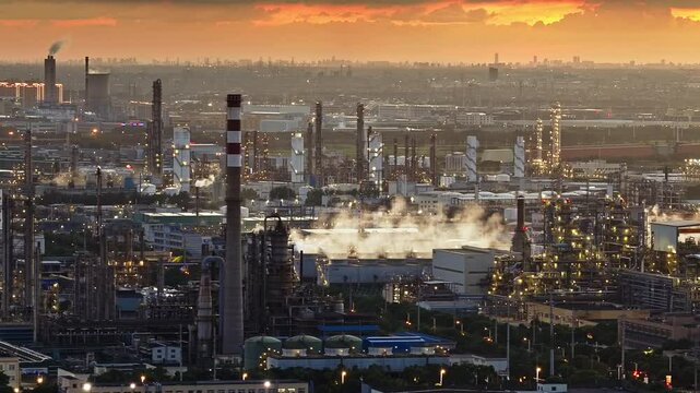 Aerial shot of a massive oil refinery and chemical plant complex with industrial smokestacks against a dramatic orange sunset sky.
