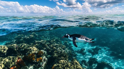 Penguin swimming underwater in a vibrant coral reef, with the ocean surface and sky above.