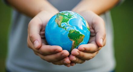 Hands gently holding a small globe representing the planet earth in a caring gesture
