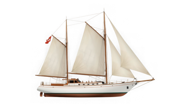 A classic sailboat with white sails glides on the water, isolated on white isolated on transparent background