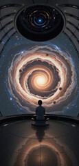 Serene figure contemplates infinity in galaxy cosmic scene, surrounded by owl spiral of stars