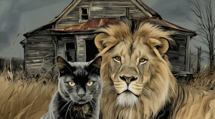 A black domestic cat and a majestic lion posing in front of a dilapidated wooden house.