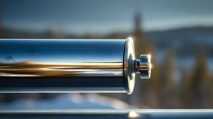 Macro Lens Photograph of a Polished Metallic Roller with Reflective Details in a Tranquil Winter Forest Setting