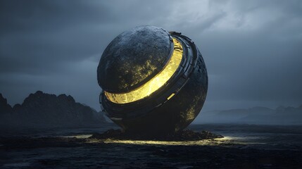 A detailed portrayal of an ancient metallic futuristic orb resting on a rugged, shadowed landscape with a vibrant yellow inner glow that fuses mystery and scientific marvel