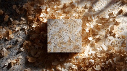 Artistic Display of OSB with Scattered Wood Shavings Showcasing Industrial Charm and Organic Simplicity