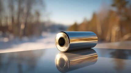 Macro Lens Photograph of a Polished Metallic Roller with Reflective Details in a Tranquil Winter Forest Setting