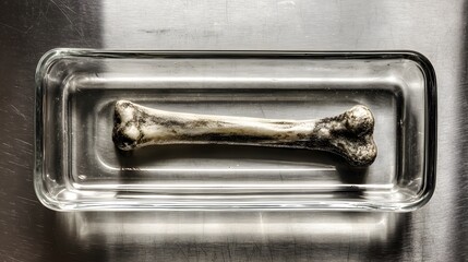 Intricate Scientific Observation of a Bone-Shaped Object in a Transparent Glass Dish on a Sleek Metallic Surface