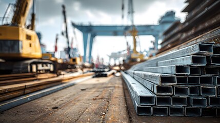 Dynamic Urban Construction Display Featuring Meticulously Organized Steel Sheet Piles and Advanced Heavy Machinery Driving Modern Infrastructure Development