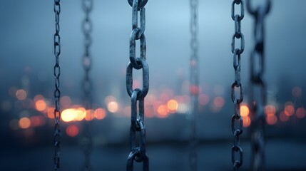 Surreal Urban Dusk: Metallic Chains Suspend in a Blurred Cityscape Evoking Strength and Enigmatic Unity Amid Industrial Twilight