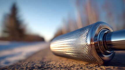 Close-Up Examination of a Gleaming Metallic Roller Amid a Serene Winter Landscape Bathed in Soft Sunlight