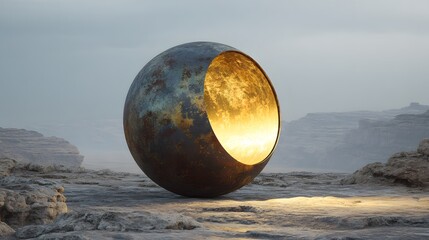 Striking depiction of a weathered futuristic sphere with a rusty exterior emitting a radiant yellow glow over a harsh, rocky plateau and desolate terrain, filled with enigmatic energy
