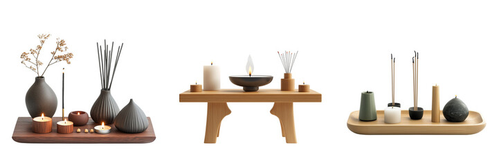 Collection of  modern spiritual altar with candles and incense isolated on a transparent background